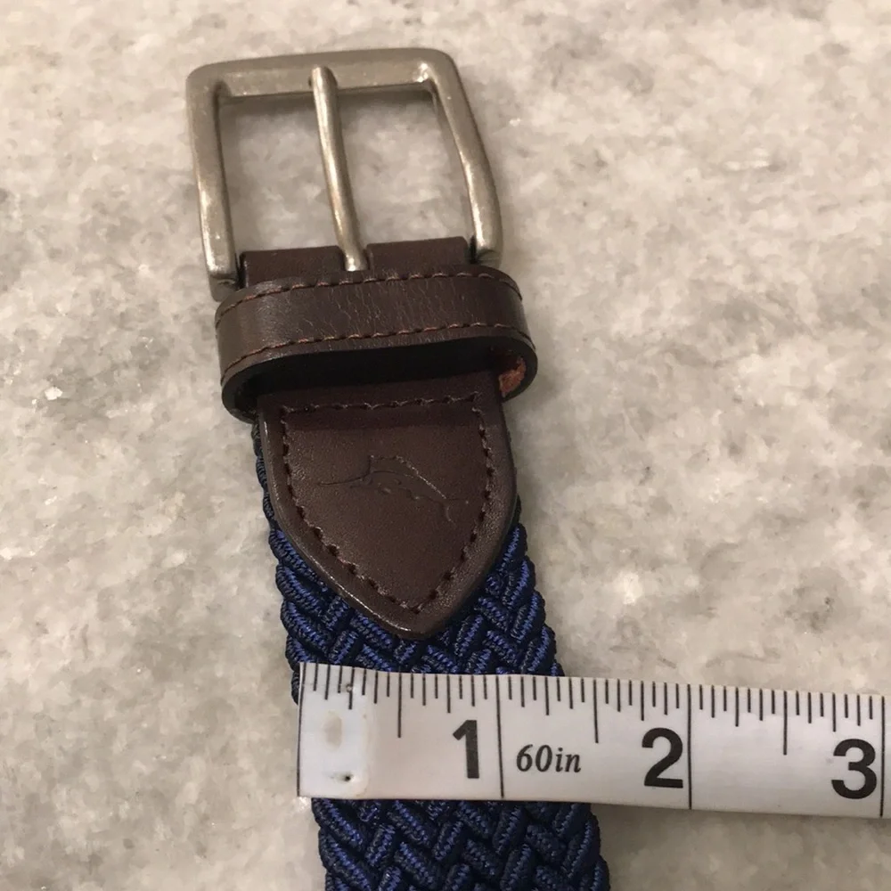 Tommy Bahama Woven Belt Mens‎ XL Blue Stretch Braided Leather Trim Silver Buckle